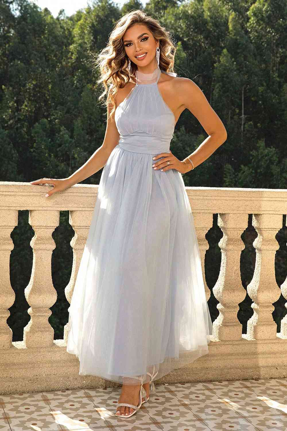 Bow-Knot - Halter Neck Backless Mesh Dress (7515494875224)