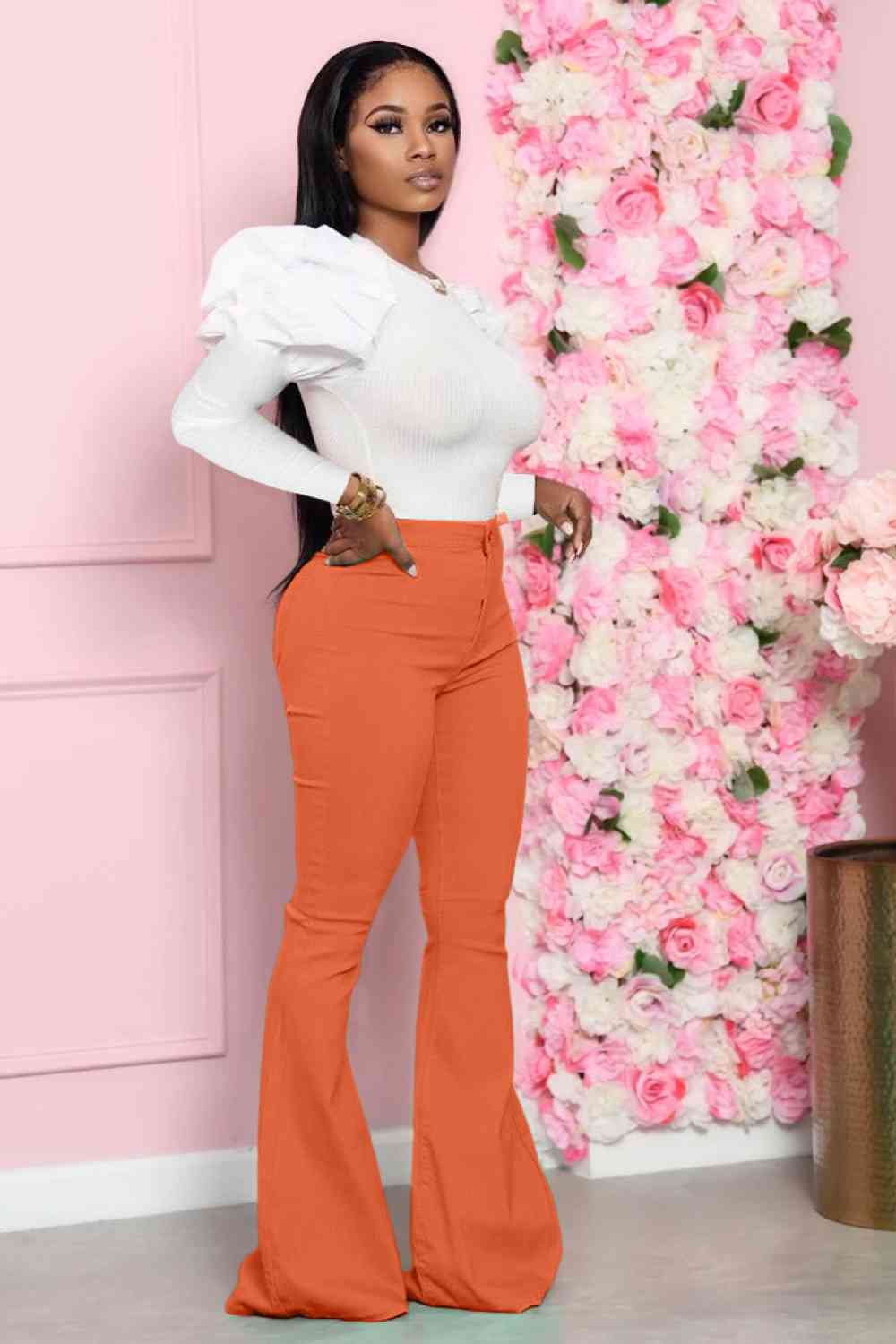 Leg-Of-Mutton - Sleeve Top and Flare Pants Set (7484247179352)