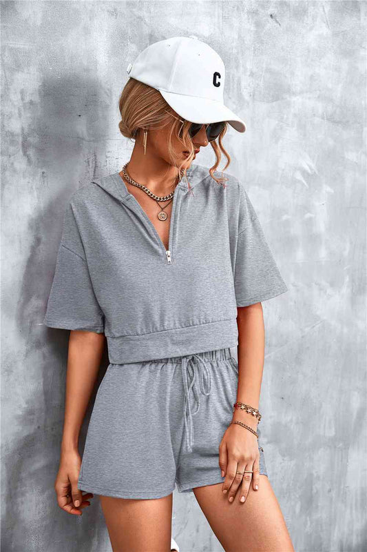 Half-Zip - Cropped Hooded T-Shirt and Shorts Set (7501483180120)