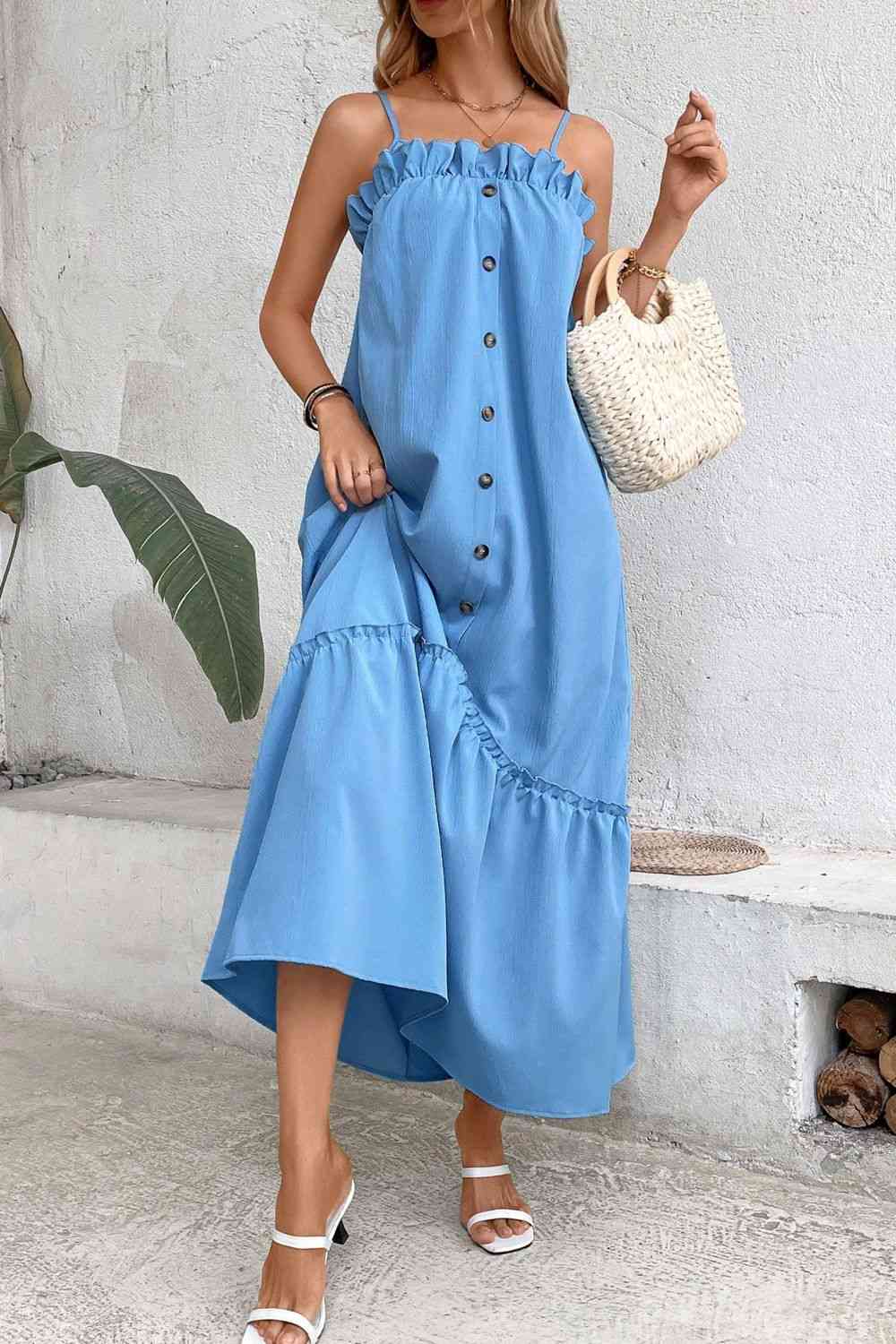 Ruffle Trim Buttoned Sleeveless Maxi Dress (7515555364952)
