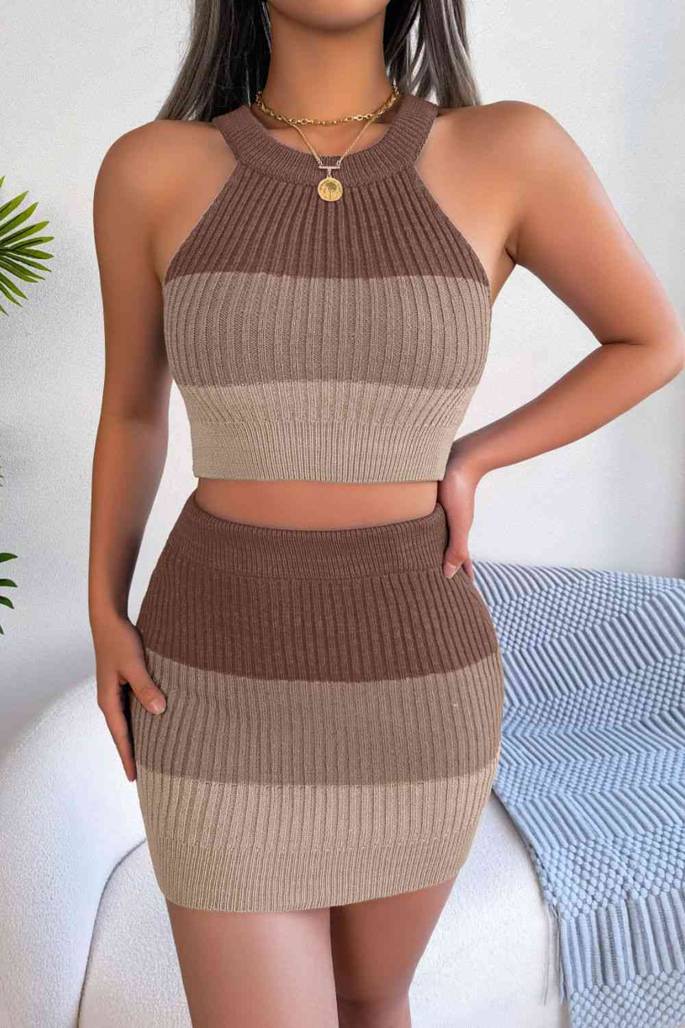 Colors & Stripes - Color Block Sleeveless Crop Knit Top and Skirt Set (7501467648088)