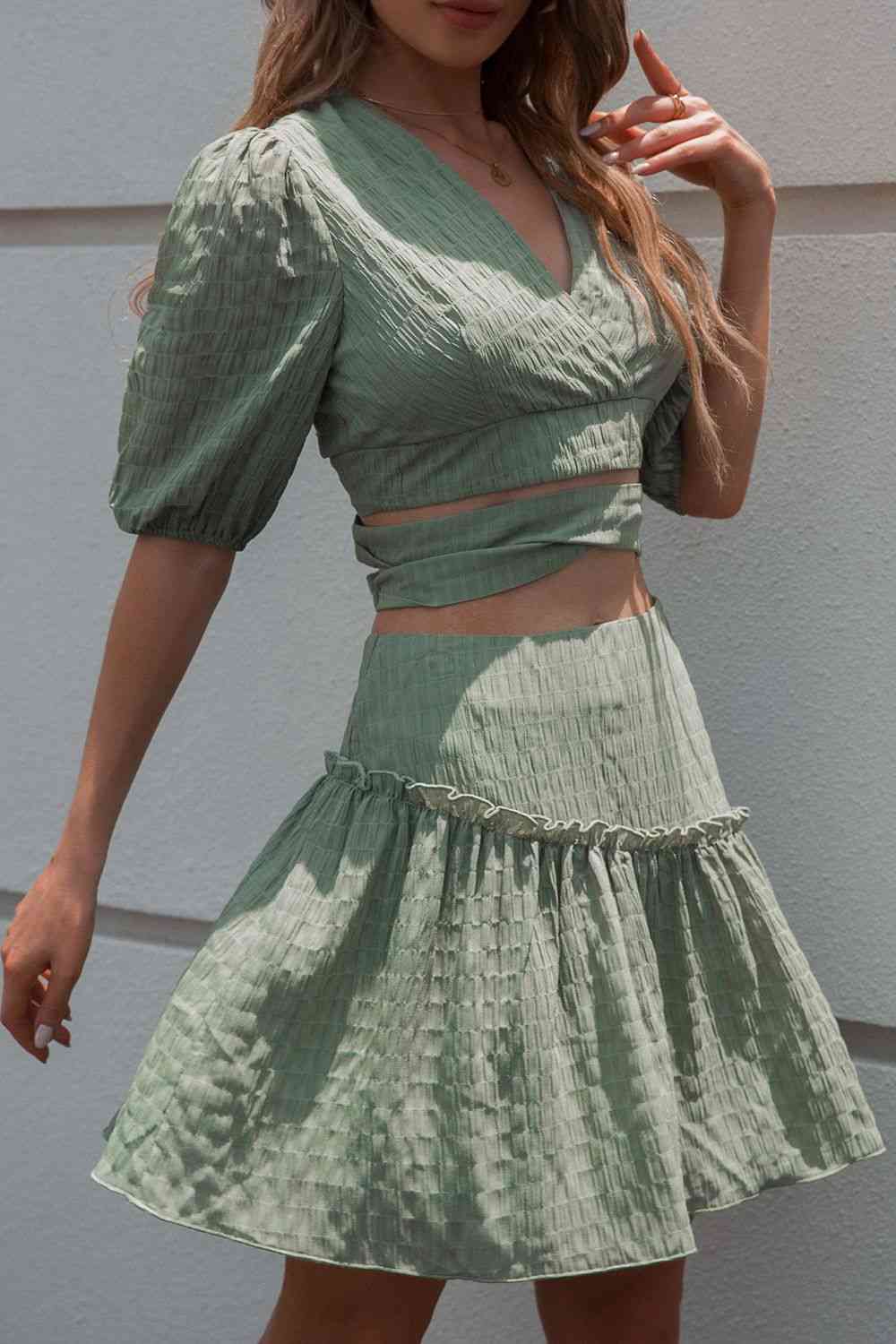 Surplice Neck Tie Back Top & Frill - Trim Skirt Set (7501439860824)
