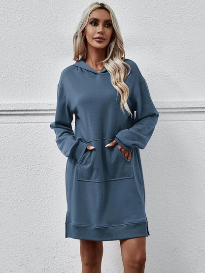 Long Long Sleeves - Slit Hooded Dress With Pocket (7505547559000)