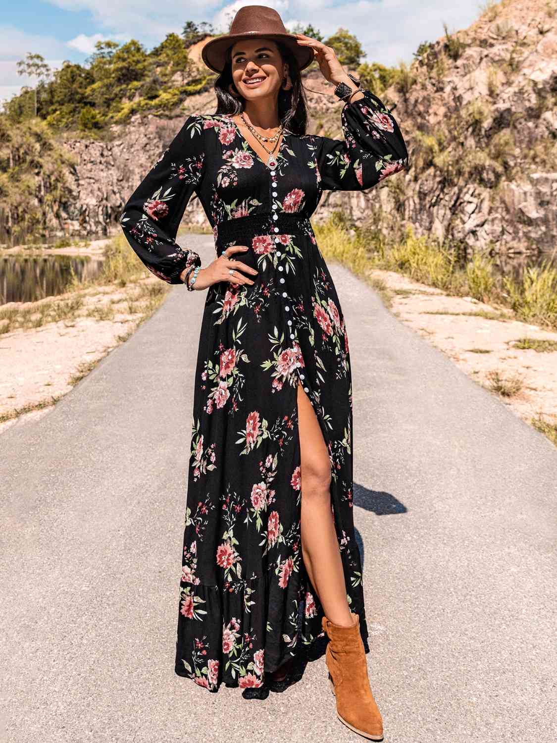 Floral V-Neck - Floral V-Neck Split Maxi Dress (7515529412696)