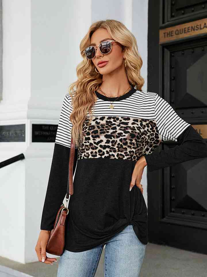 Leopardcheetahprint - Color Block Round Neck Long Sleeve Blouse (7501317439576)