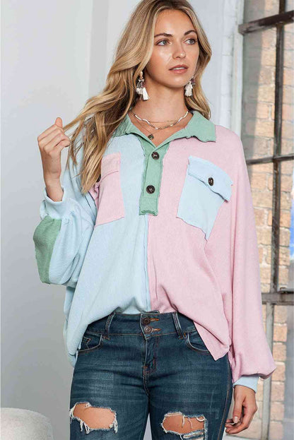 Multi-Color Exposed Seam Color Block Ribbed Henley Top (7501316325464)