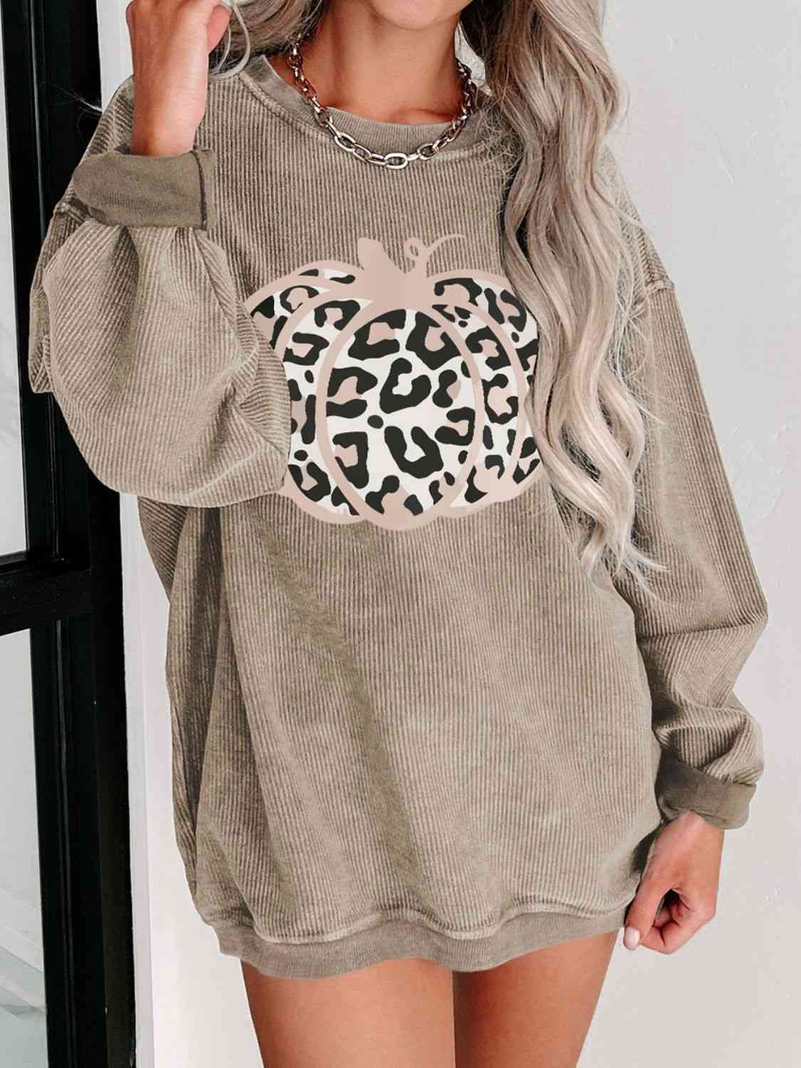 Leopard Graphics Pumpkin Ribbed Sweatshirt (7484663627864)