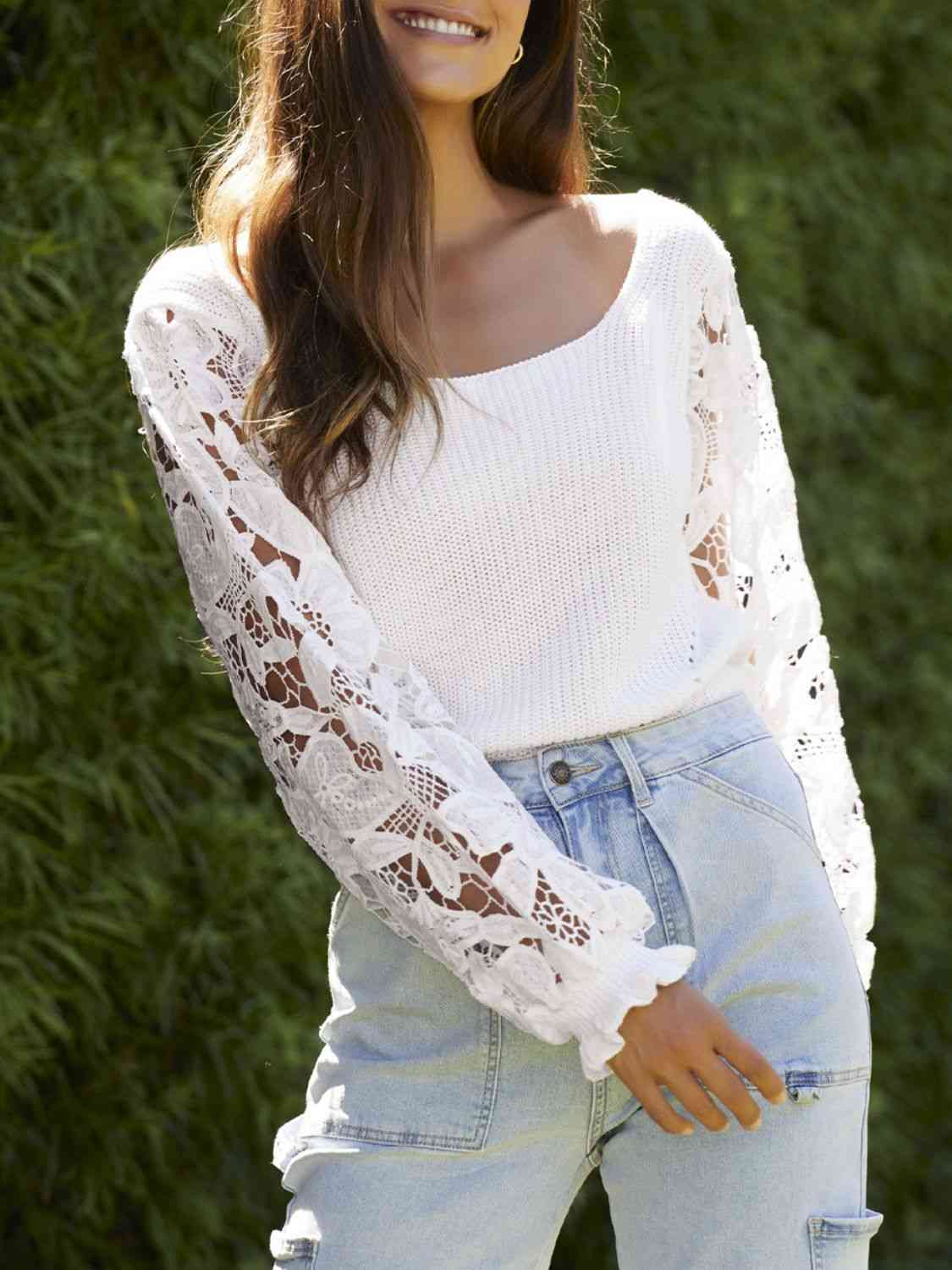 Lace Trim Flounce Sleeves Knit Top (7501316751448)