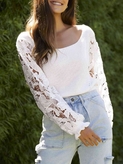 Lace Trim Flounce Sleeves Knit Top (7501316751448)
