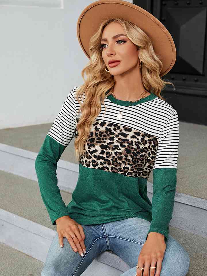 Leopardcheetahprint - Color Block Round Neck Long Sleeve Blouse (7501317439576)