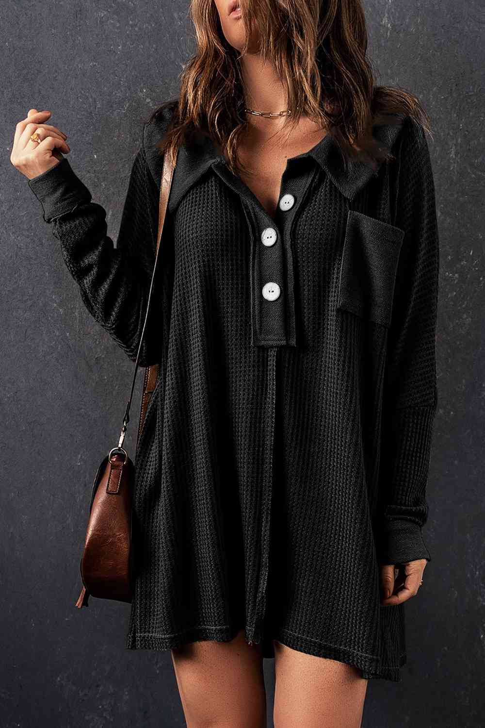 With Pocket - Waffle Knit Buttoned Long Sleeves Top (7501322911832)