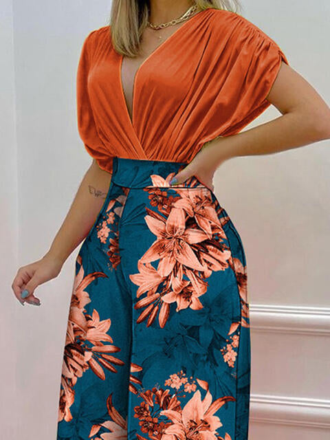 Printed Surplice Top & Wide Leg Pants Set (7484243705944)
