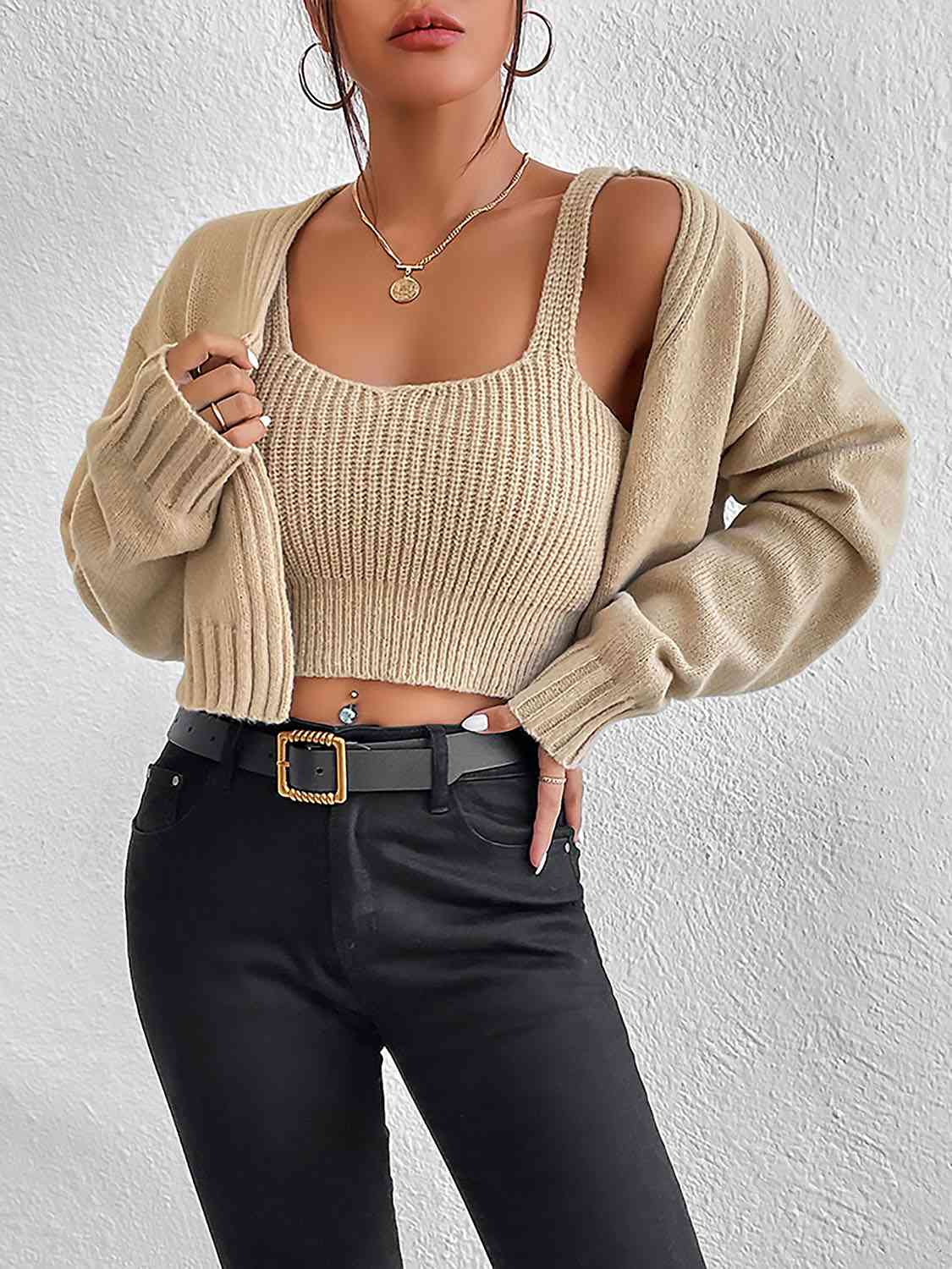 Plain Sweater Cami & Cardigan Set (7484242460760)