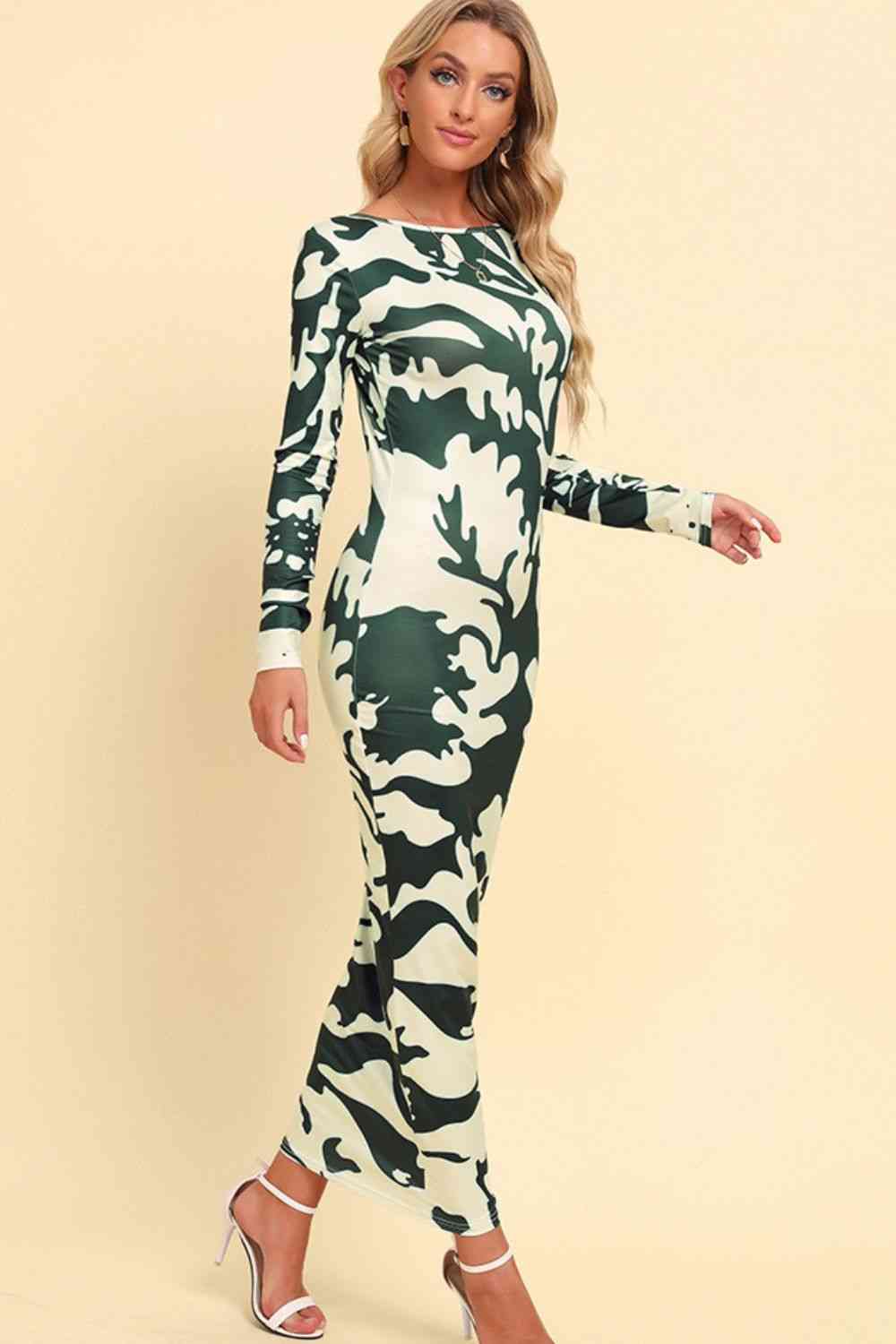 Printed Backless Long Sleeves Maxi Dress (7515565260888)