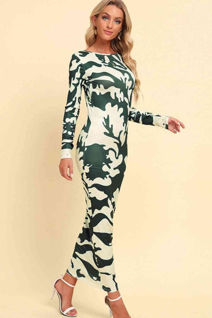 Printed Backless Long Sleeves Maxi Dress (7515565260888)