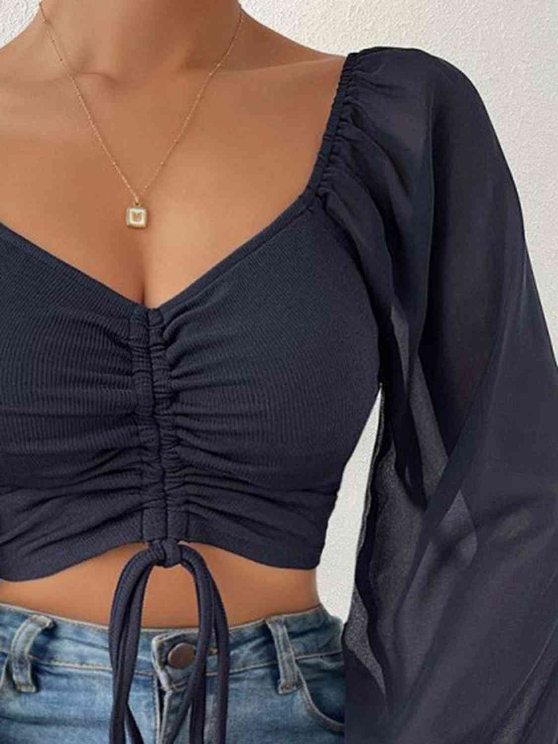 Ruched Blouse - Drawstring Sweetheart Neck Cropped Top (7501318914136)