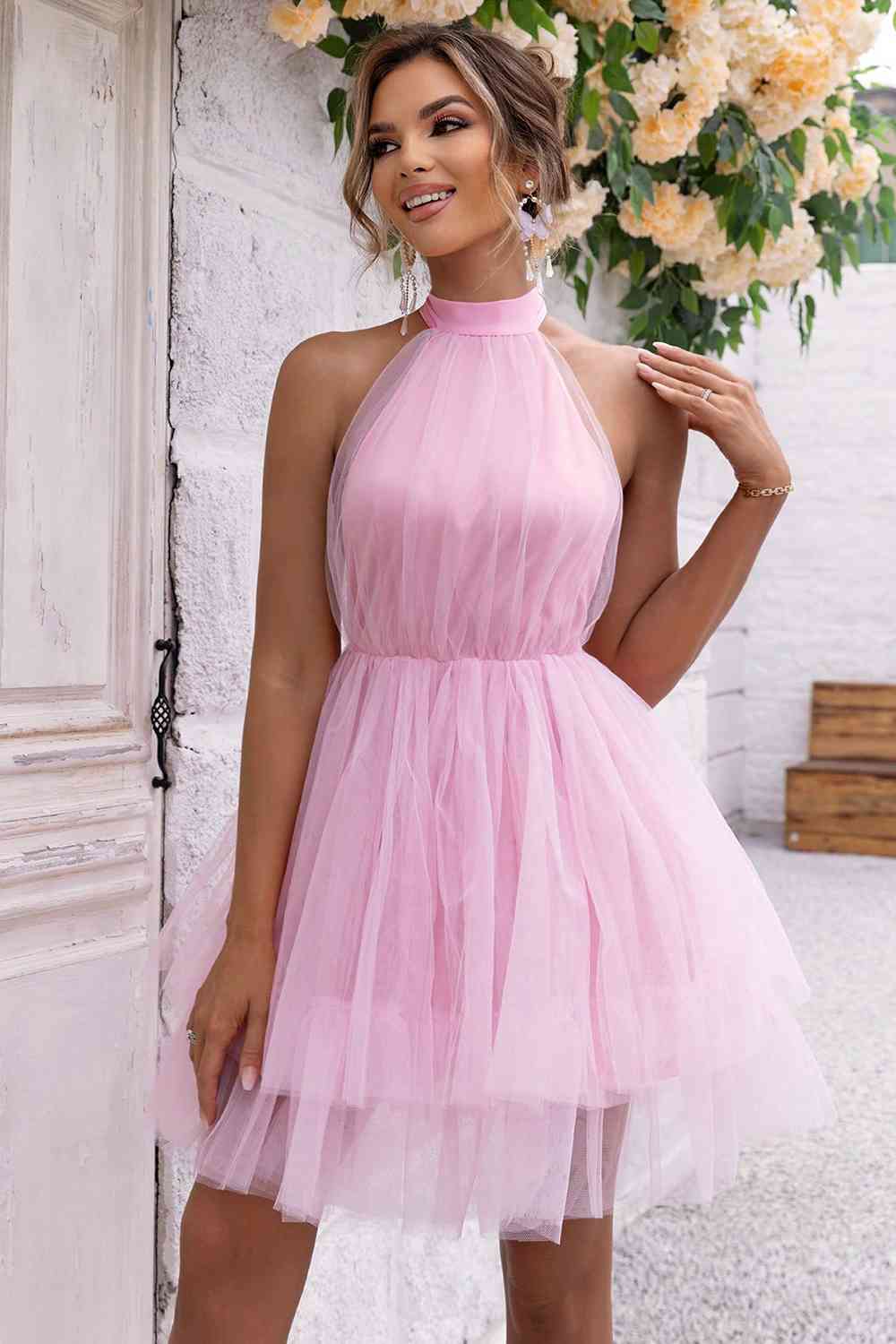Mini-Bow - Halter Neck Backless Mesh Dress (7515676672088)