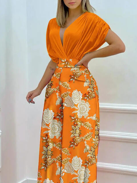 Printed Surplice Top & Wide Leg Pants Set (7484243705944)
