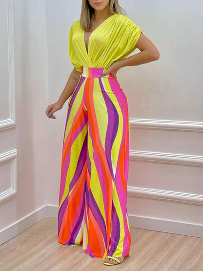 Printed Surplice Top & Wide Leg Pants Set (7484243705944)