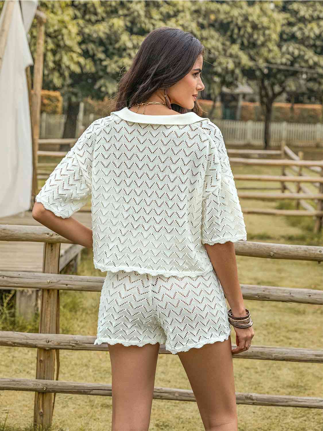 Eyelet - Collared Neck Short Sleeve Top and Shorts Set (7484220899416)