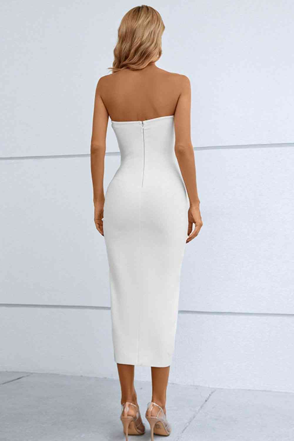 Drawstrings Detail - Cut-Out Strapless Drawstring Detail Split Bandage Dress (7516390752344)