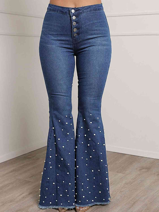 Details - Button Fly Flare Denim Jeans (7496931639384)