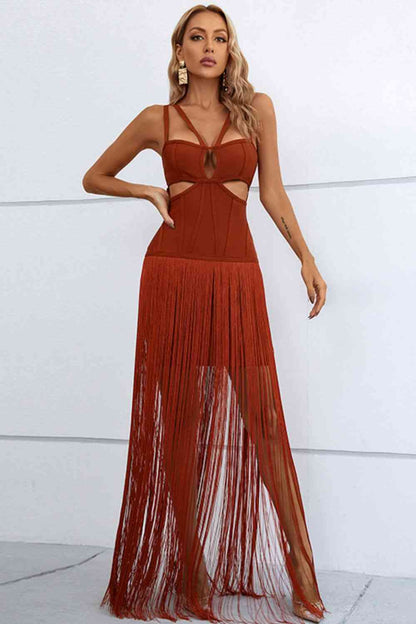 Fringy - Cut-Out Strappy Neck Fringe Dress (7516385706072)
