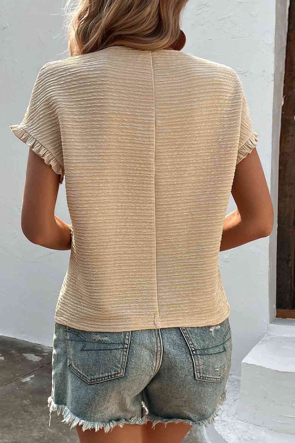 Textured Round Neck - Short-Sleeves Top (7501317767256)