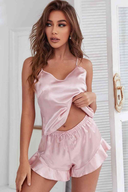 Satin Cami & Ruffle Hem Shorts Pajama Set (7501485637720)