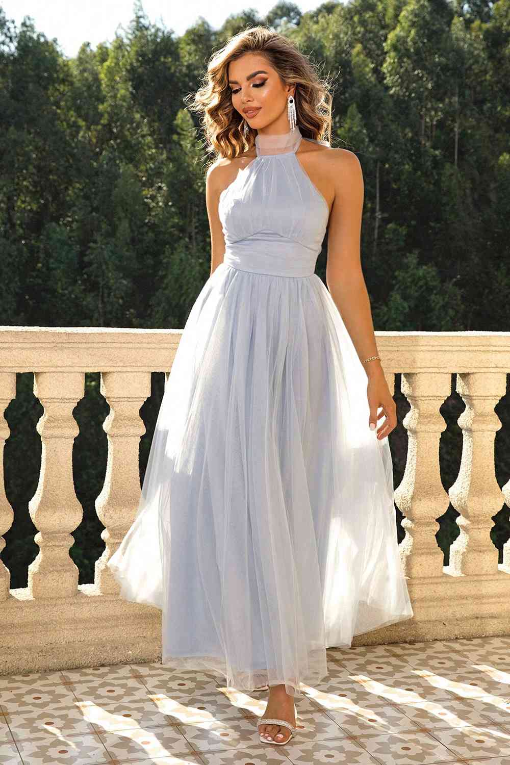 Bow-Knot - Halter Neck Backless Mesh Dress (7515494875224)