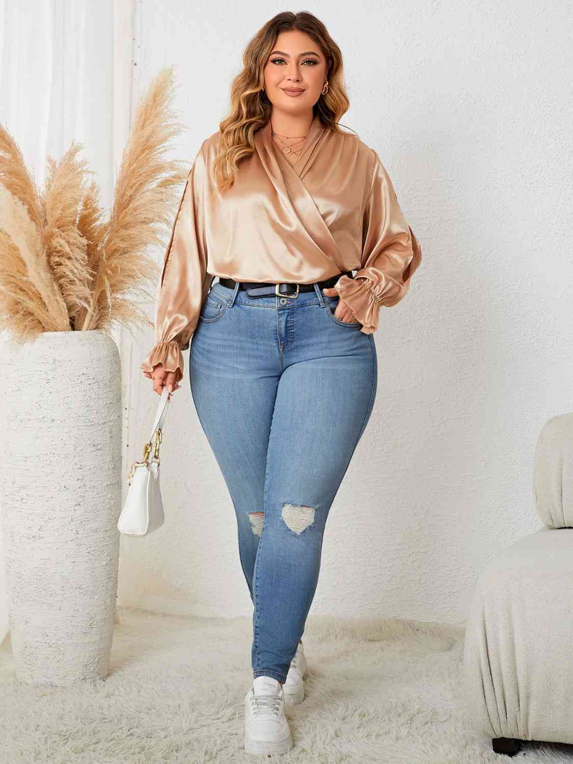 Plus-Size Surplice Neck Flounce Sleeve Blouse (7501328646232)