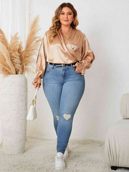 Plus-Size Surplice Neck Flounce Sleeve Blouse (7501328646232)