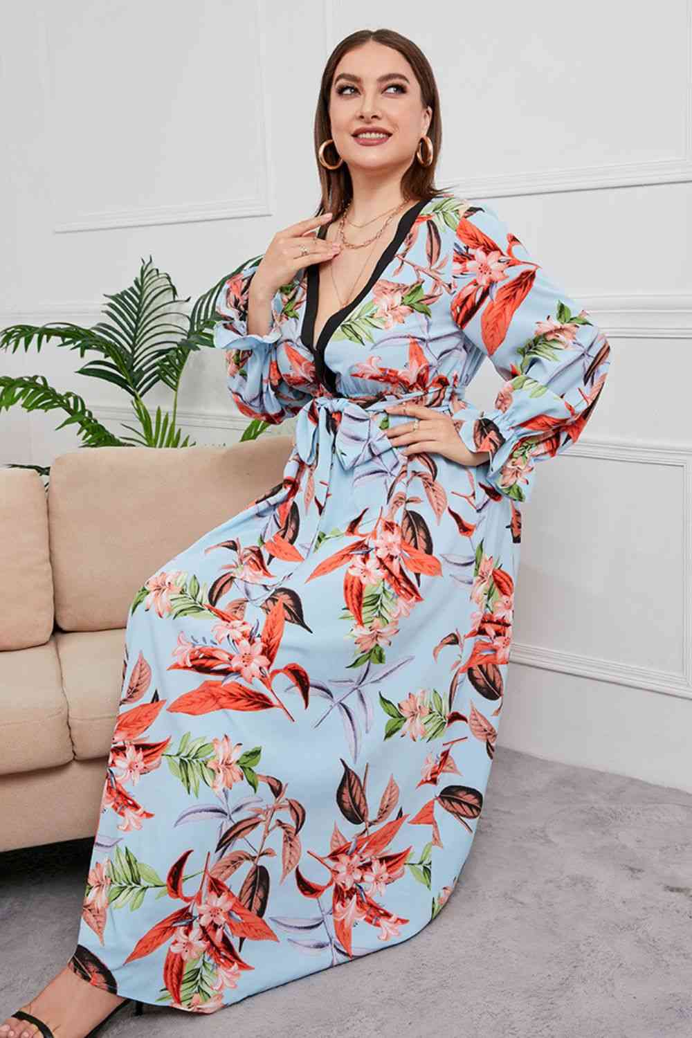 Plus-Size Belted Surplice Flounce Sleeve Maxi Dress (7515560149080)