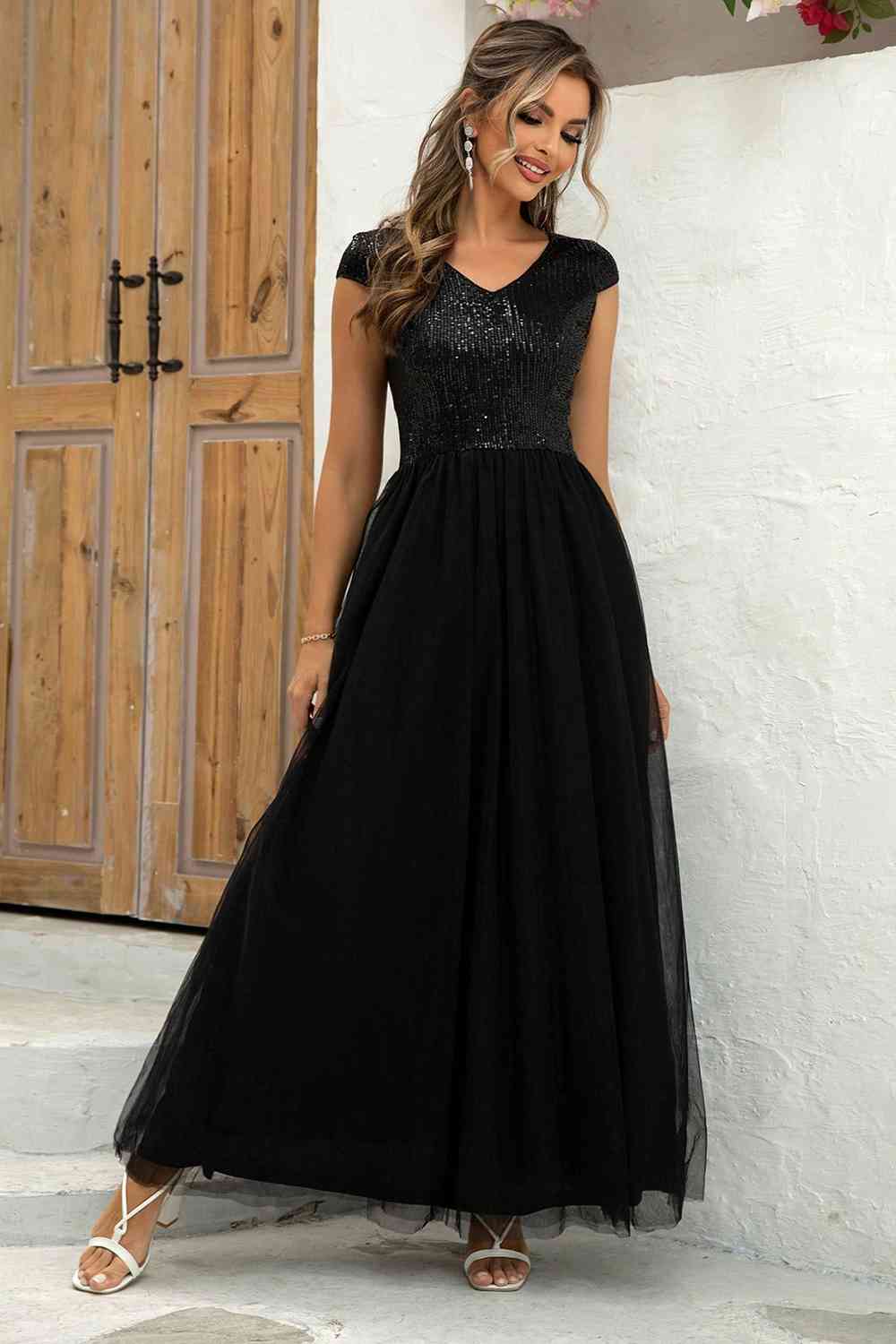 Sequin V-Neck Mesh Maxi Dress (7515520761944)