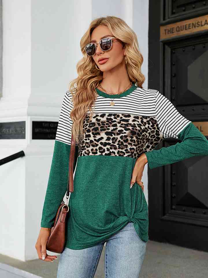 Leopardcheetahprint - Color Block Round Neck Long Sleeve Blouse (7501317439576)