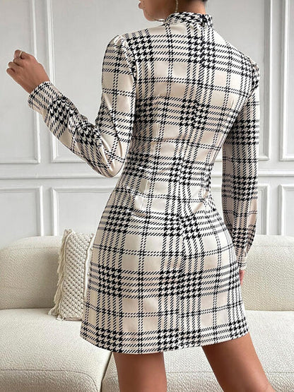 Houndstooth Mock Neck - Cinched Mini Dress (7505547395160)