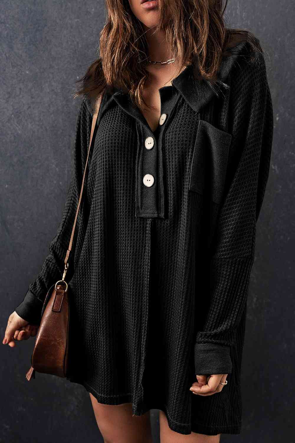 With Pocket - Waffle Knit Buttoned Long Sleeves Top (7501322911832)