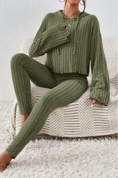 Hem Dropped Shoulder - Hooded Top & Pants Set (7515482652760)