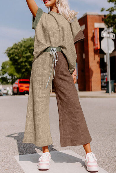 Polyester - Color Block Short Sleeve Top and Drawstring Pants Set (7505548673112)