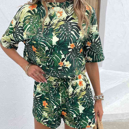 Just Justing - Floral Print Round Neck Dropped Shoulder Half Sleeve Top and Shorts Set (7501444907096)