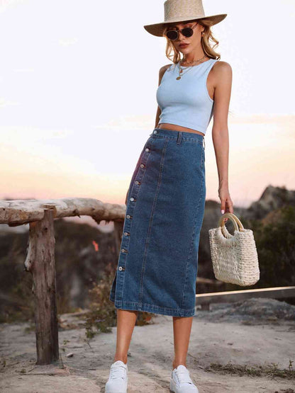 Denim - Button Down Denim Skirt (7486619025496)