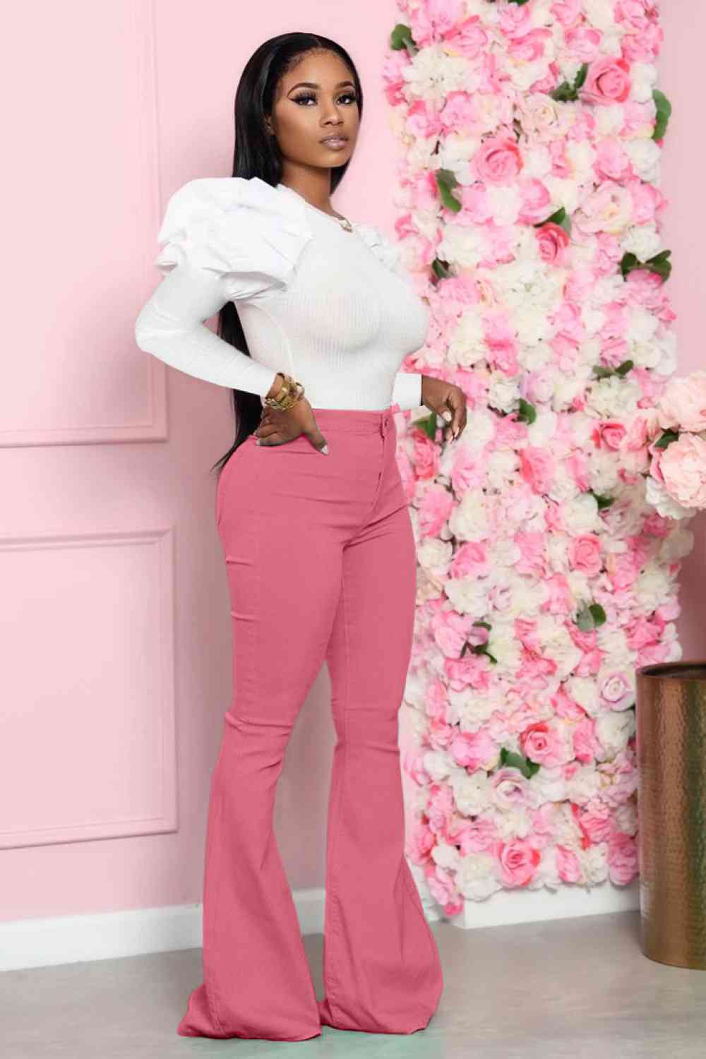 Leg-Of-Mutton - Sleeve Top and Flare Pants Set (7484247179352)