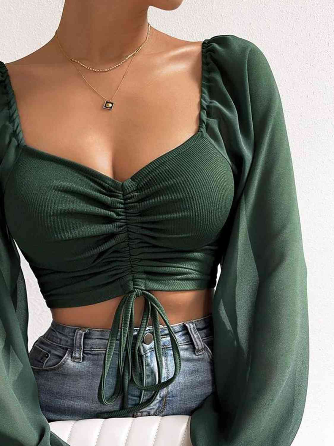 Ruched Blouse - Drawstring Sweetheart Neck Cropped Top (7501318914136)