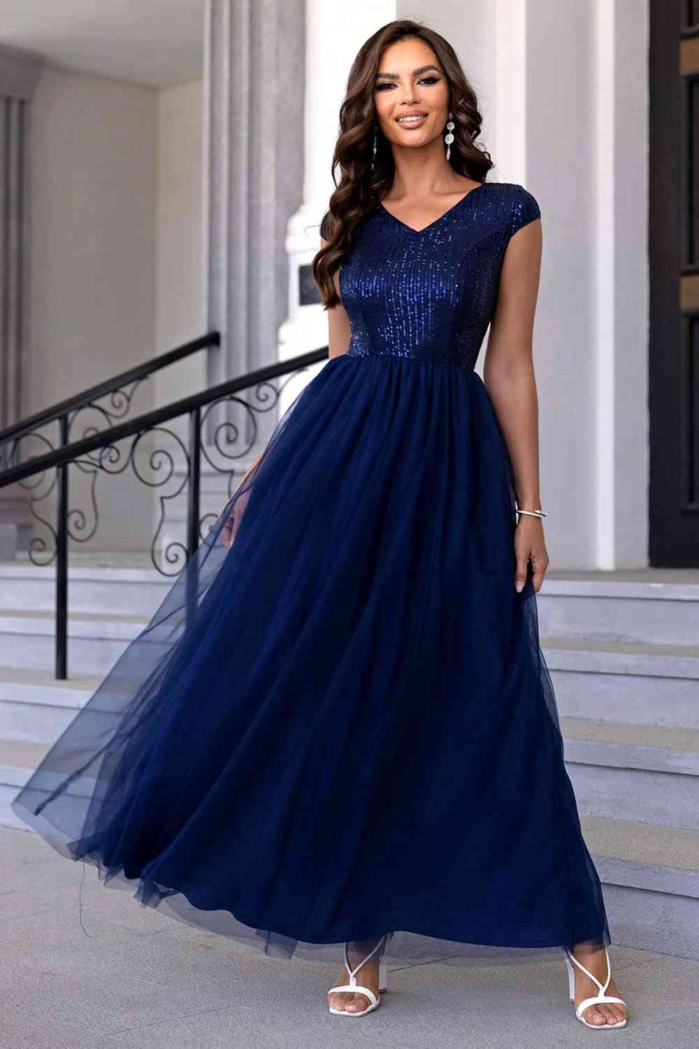 Sequin V-Neck Mesh Maxi Dress (7515520761944)