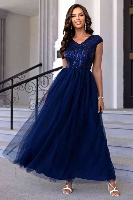 Sequin V-Neck Mesh Maxi Dress (7515520761944)