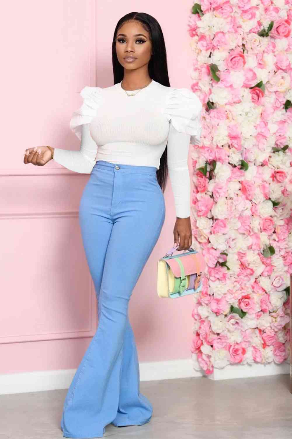 Leg-Of-Mutton - Sleeve Top and Flare Pants Set (7484247179352)