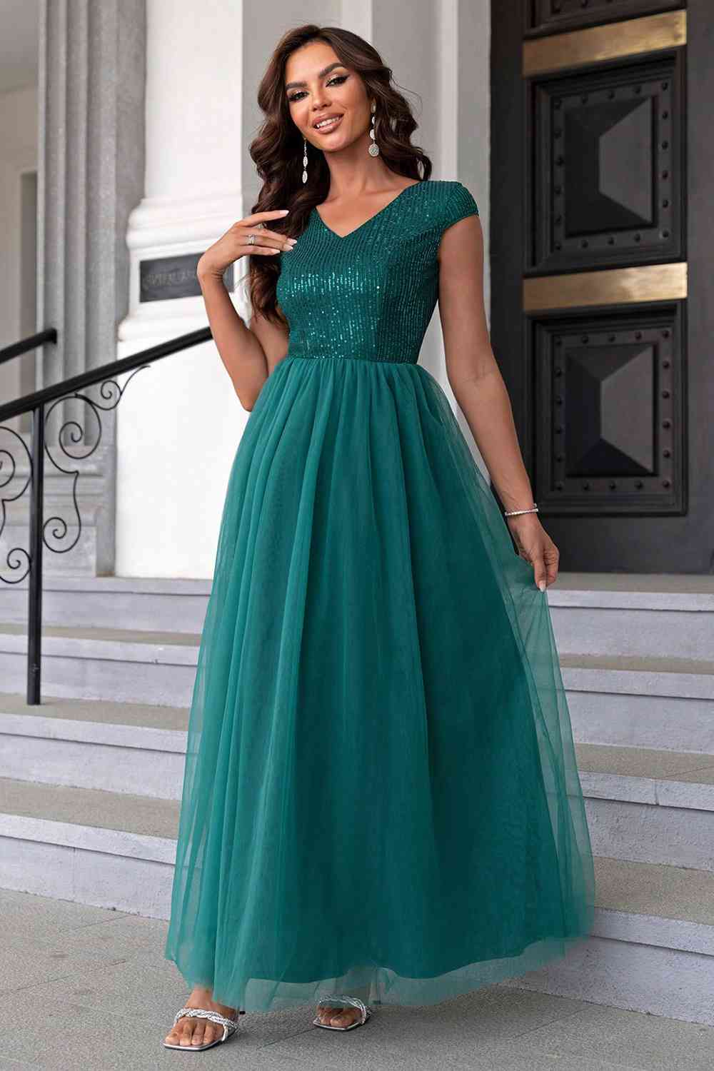 Sequin V-Neck Mesh Maxi Dress (7515520761944)