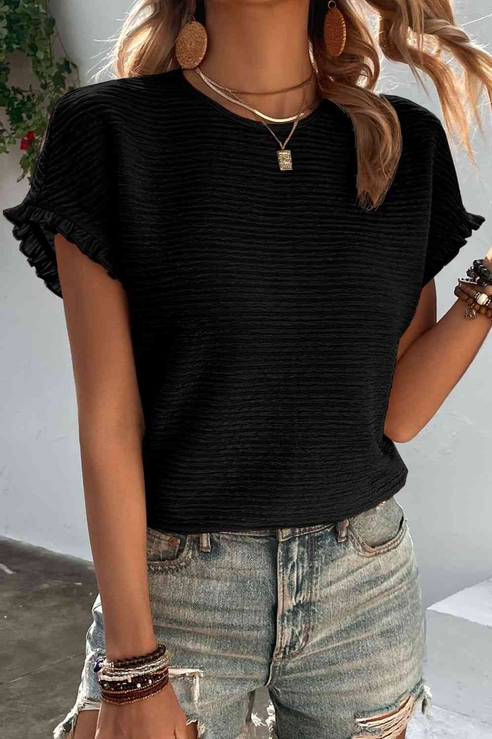 Textured Round Neck - Short-Sleeves Top (7501317767256)
