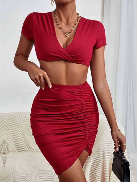 Twisted Deep V Cropped - Top and Ruched Skirt Set (7501491339352)