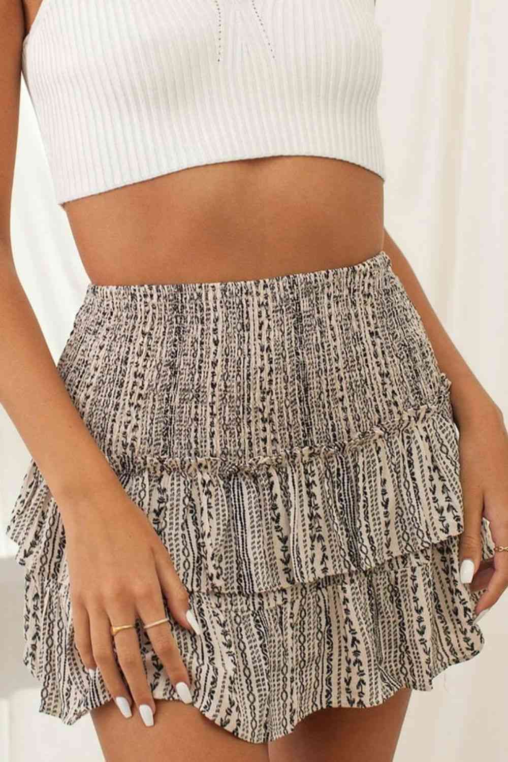 Printed Frill Trim Smocked Mini Skirt (7500878348376)